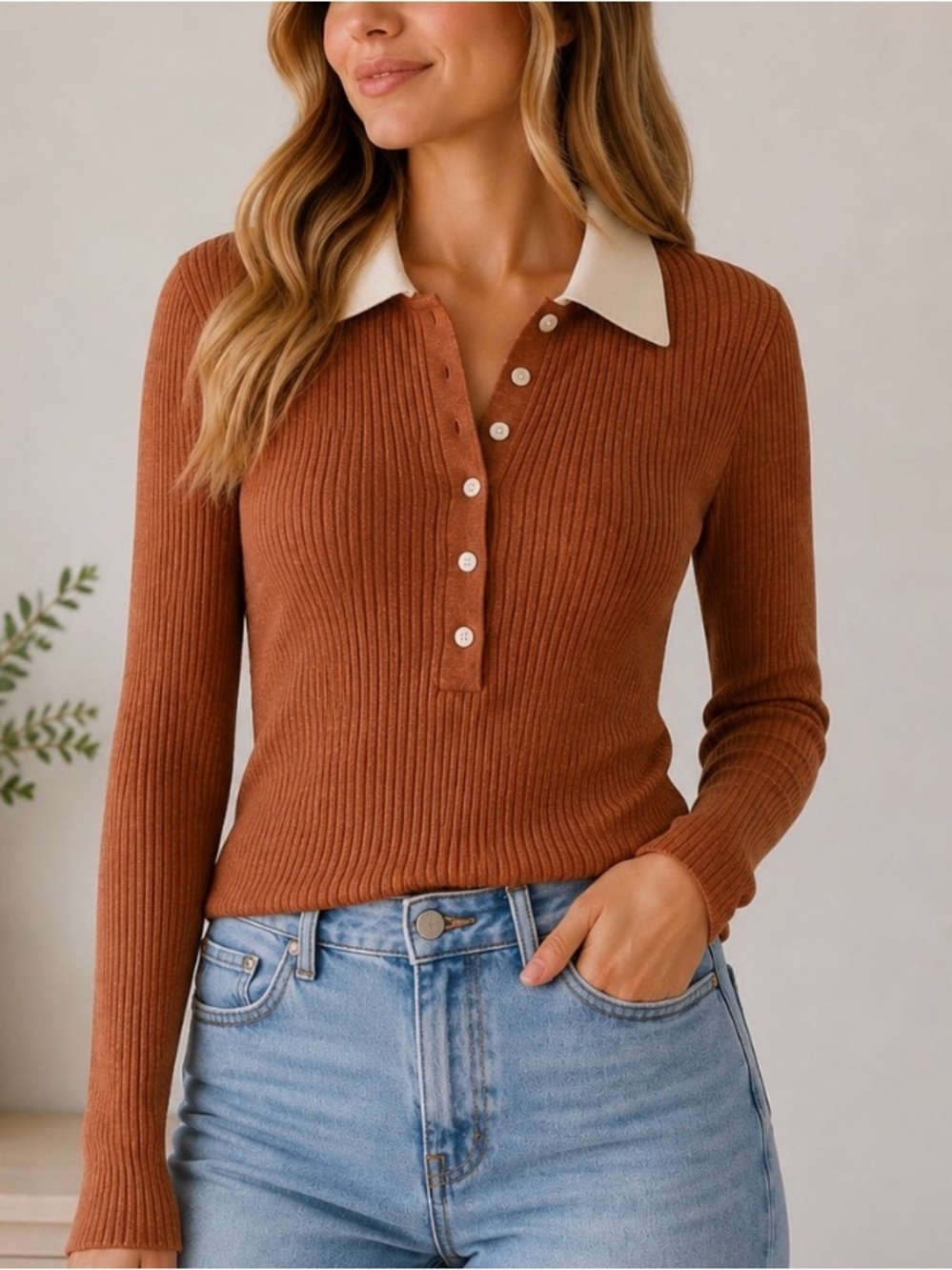 LOFT Chestnut Ribbed Long-Sleeve Polo with Cream Collar
